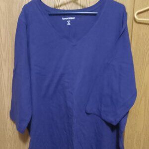 Woman Within 2X blue 3/4 sleeve knit top, v-neck
